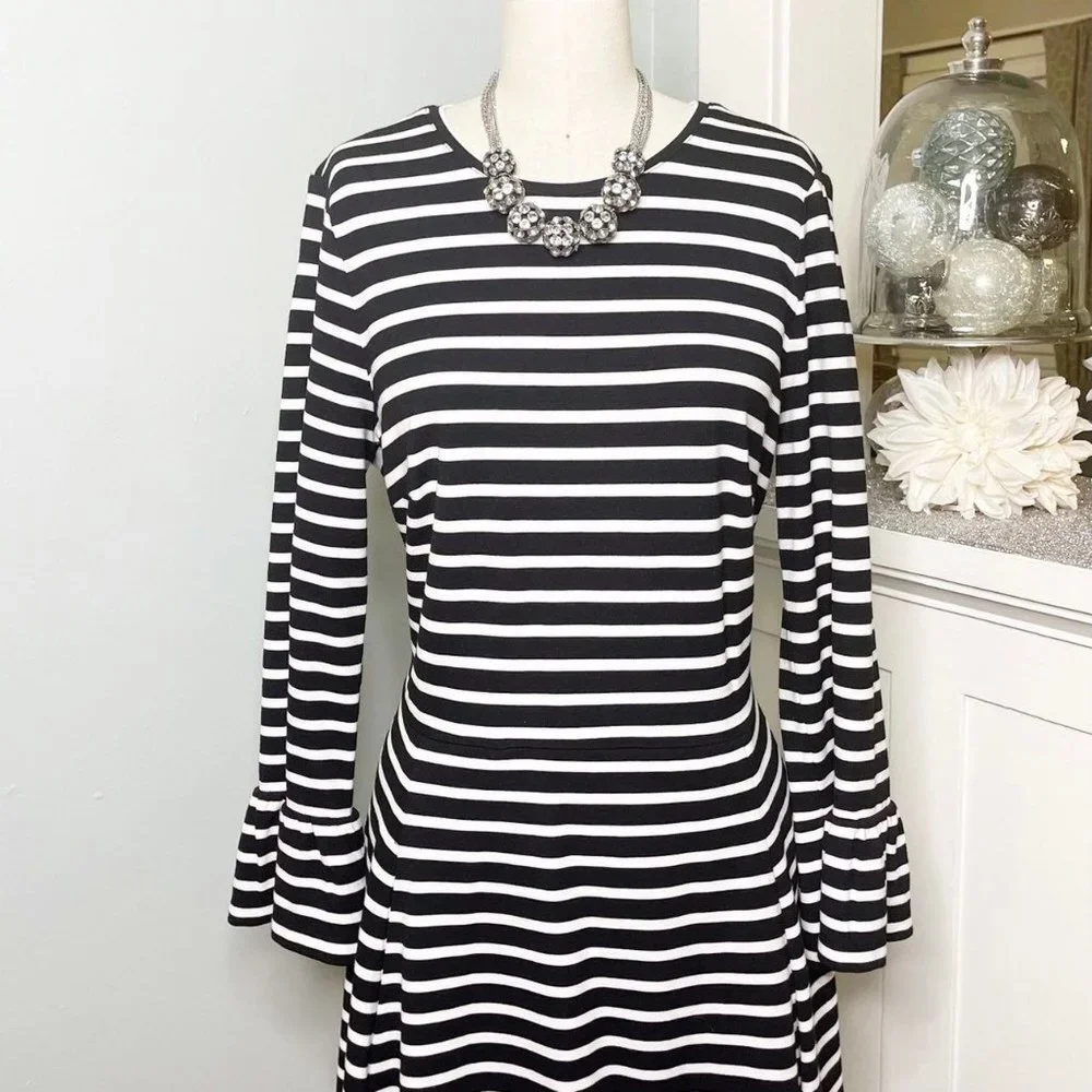 Kate Spade Broome Street Black & White Stripe Fit & Flare Dress Large